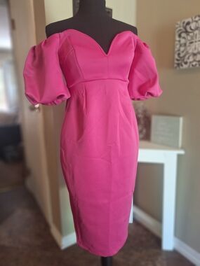 ASOS Fitted Deep V Pink Puff Sleeve Midi Dress 8